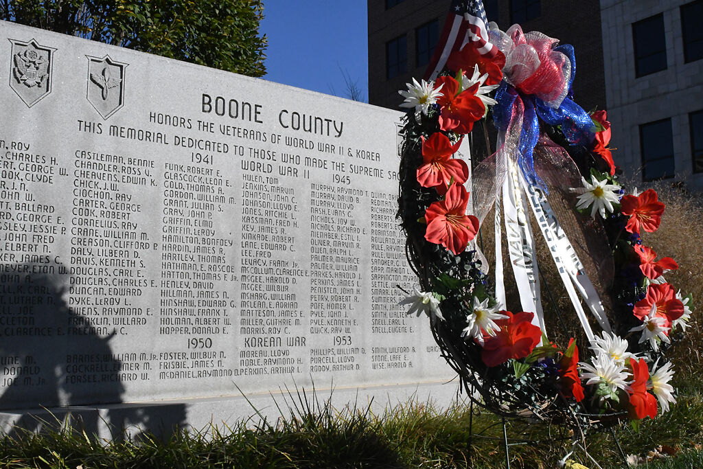 A wreathe designed to celebrate Veterans Day hangs on the memorial on Wednesday in front of the Boone County Veteran's Memorial.